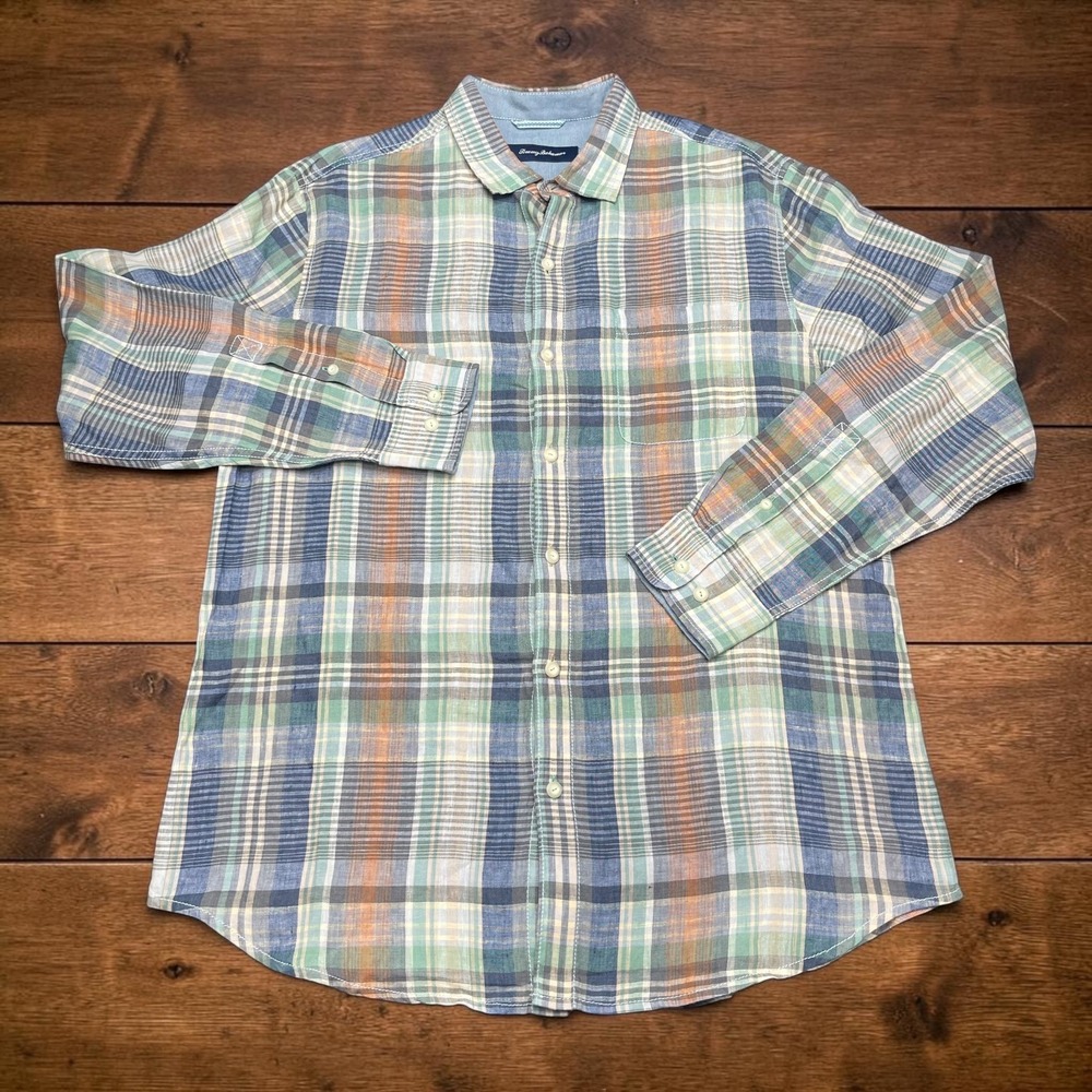 Tommy Bahama Mens Large 100% Linen Plaid Button Down Shirt Blue Green Orange L/G